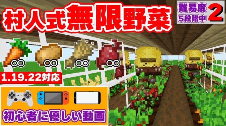 【マイクラ統合版】簡単に作れる一直線型村人全自動野菜収穫畑の作り方