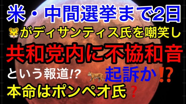 【米・中間選挙まで2日！】下院は共和党が過半数・上院は”激戦３州”の行方次第・🐯がデサンティス氏（フロリダ州知事）をディスり共和党内で不協和音か？ポンペオ氏の動向