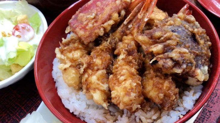 江戸時代の蕎麦の味を提供するお店の小海老天丼(菊野台の田ぶち)Bowl of rice and fried fish