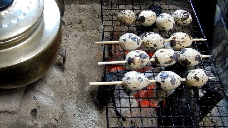 育てた鶉の卵串炭火焼～江戸火鉢のある生活